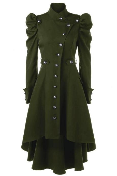 Women Asymmetric Coat Autumn Winter Stand Collar Long Sleeve Single-Breasted High Low Slim Jacket Outwear army green