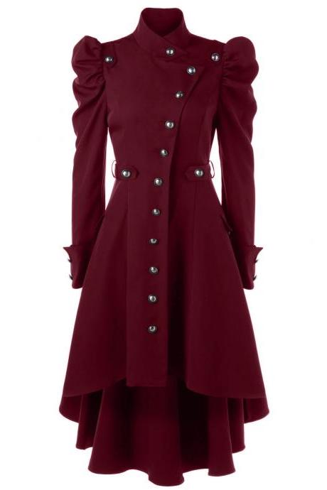 Women Asymmetric Coat Autumn Winter Stand Collar Long Sleeve Single-Breasted High Low Slim Jacket Outwear crimson
