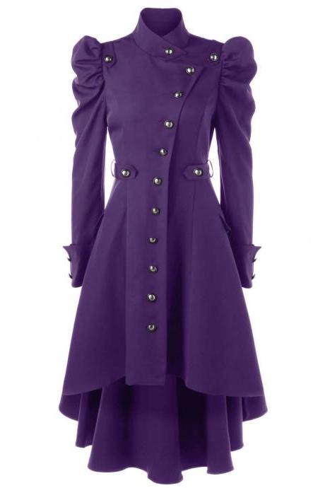 Women Asymmetric Coat Autumn Winter Stand Collar Long Sleeve Single-Breasted High Low Slim Jacket Outwear purple