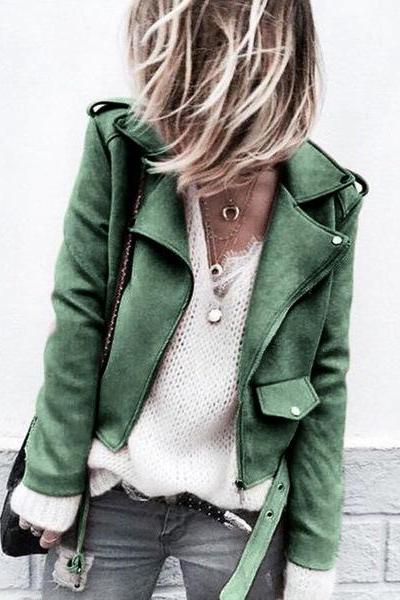 Women Faux Suede Jacket Autumn Long Sleeve Slim Matte Motorcycle Biker Coat Outerwear green