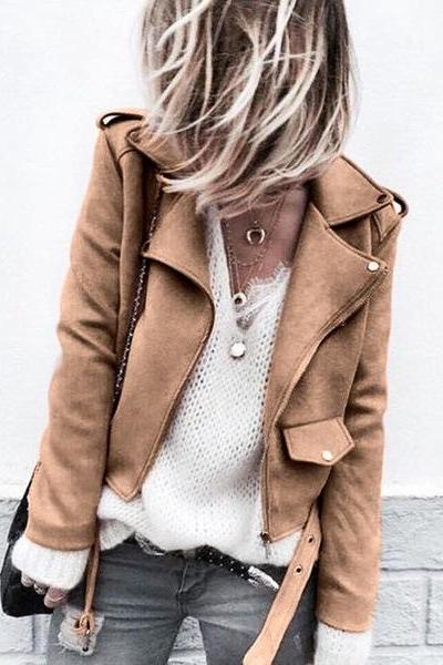 Women Faux Suede Jacket Autumn Long Sleeve Slim Matte Motorcycle Biker Coat Outerwear Khaki
