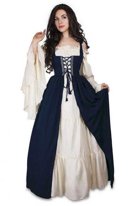 Vintage Halloween Oktoberfest Beer Girl Costume Maid Wench Germany Bavarian Plus Size Medieval Dress Dirndl navy blue