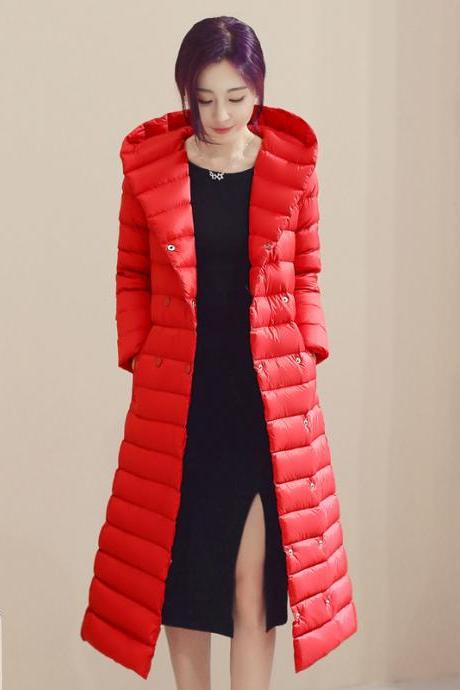  Women Long Duck Down Coat Hooded Long Sleeve Plus Size Slim Winter Ultra Light Jacket Outwear red