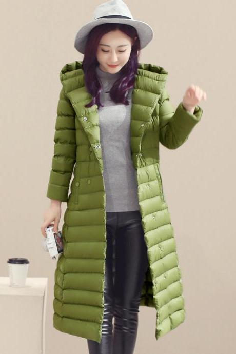 Women Long Duck Down Coat Hooded Long Sleeve Plus Size Slim Winter Ultra Light Jacket Outwear apple green