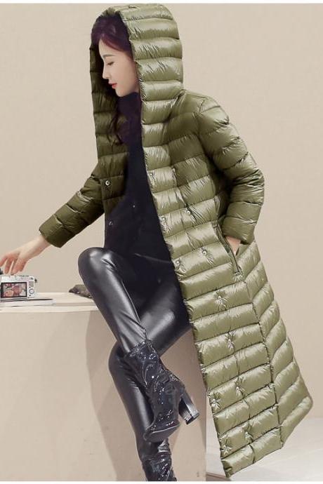 Women Long Duck Down Coat Hooded Long Sleeve Plus Size Slim Winter Ultra Light Jacket Outwear army green