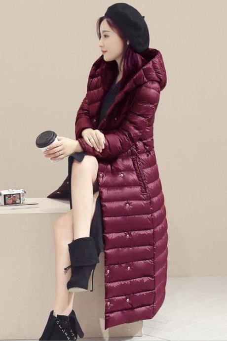 Women Long Duck Down Coat Hooded Long Sleeve Plus Size Slim Winter Ultra Light Jacket Outwear Burgundy