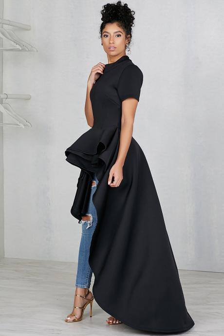 Women Asymmetrical Dress Short Sleeve Layers Ruffled High Low Evening Night Club Party Dress Black