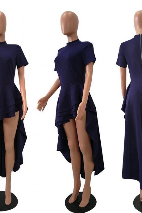 Women Asymmetrical Dress Short Sleeve Layers Ruffled High Low Evening Night Club Party Dress Blue