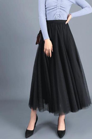 Women Long Tulle Mesh Skirt Elastic High Waist Streetwear Pleated Tutu A Line Maxi Skirt Black