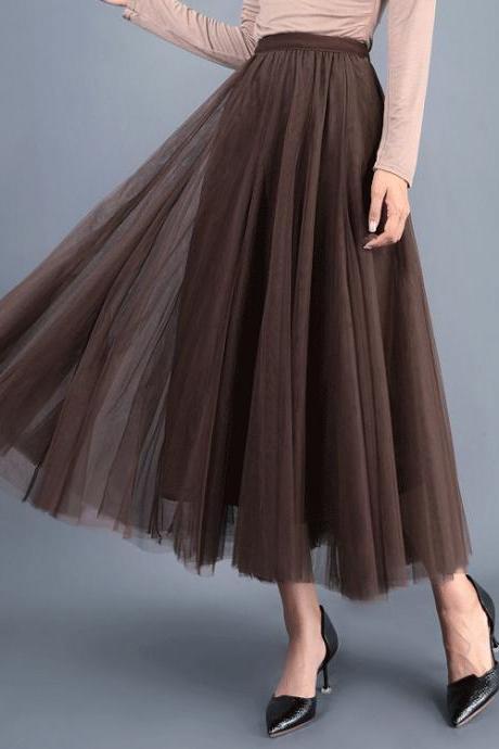 Women Long Tulle Mesh Skirt Elastic High Waist Streetwear Pleated Tutu A Line Maxi Skirt coffee