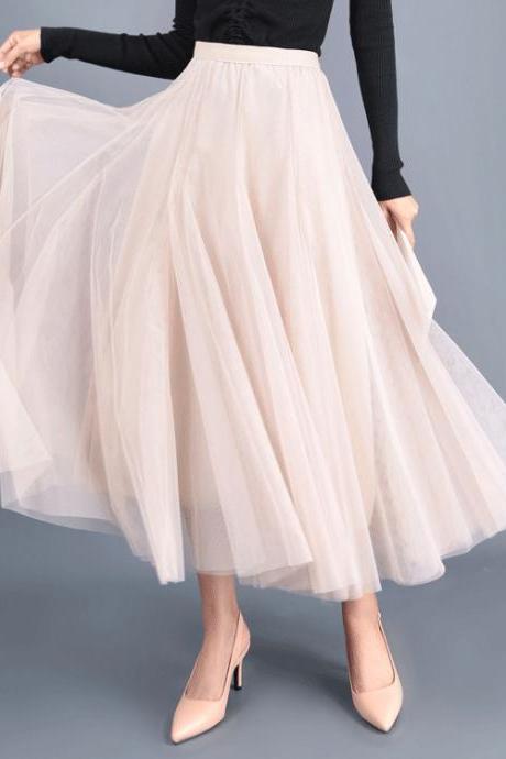 Women Long Tulle Mesh Skirt Elastic High Waist Streetwear Pleated Tutu A Line Maxi Skirt Cream