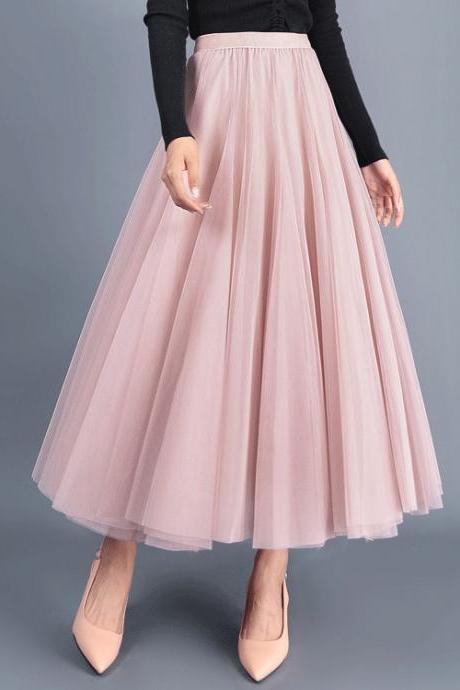 Women Long Tulle Mesh Skirt Elastic High Waist Streetwear Pleated Tutu A Line Maxi Skirt pink