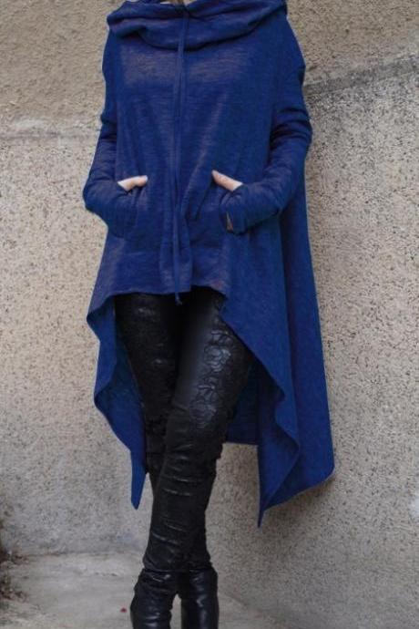 Women Asymmetric Hoodies Autumn Winter Long Sleeve Casual Loose Hooded Sweatshirt Plus Size Pullover Tops blue