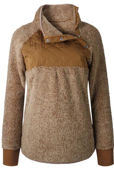 Women Sweatshirt Autumn Winter Covered Button Skew Collar Long Sleeve Casual Patchwork Warm Pullovers coffee