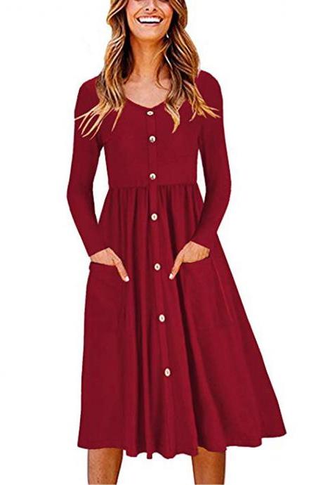 Women Casual Dress Autumn Button Long Sleeve Pockets Slim A Line Work Office Party Dress Red