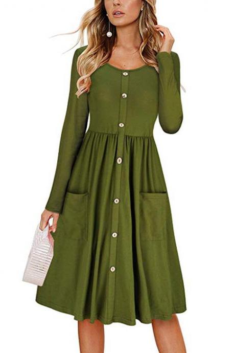 Women Casual Dress Autumn Button Long Sleeve Pockets Slim A Line Work Office Party Dress Army Green