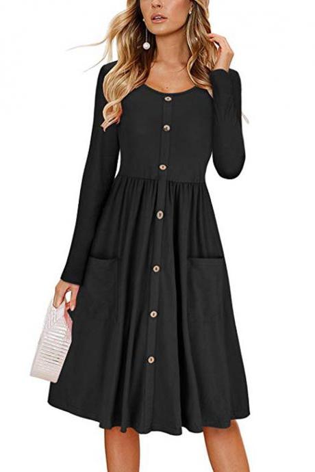 Women Casual Dress Autumn Button Long Sleeve Pockets Slim A Line Work Office Party Dress Black