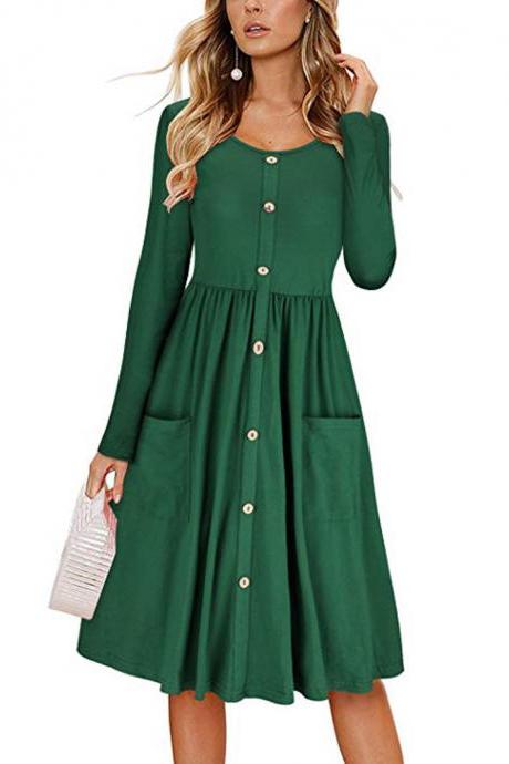 Women Casual Dress Autumn Button Long Sleeve Pockets Slim A Line Work Office Party Dress Green