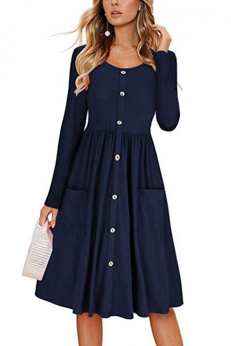 Women Casual Dress Autumn Button Long Sleeve Pockets Slim A Line Work Office Party Dress Navy Blue