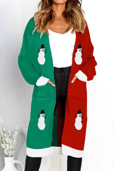 Women Long Knitted Cardigan Autumn Winter Long Sleeve Pocket Casual Streetwear Loose Sweater Coat snowman