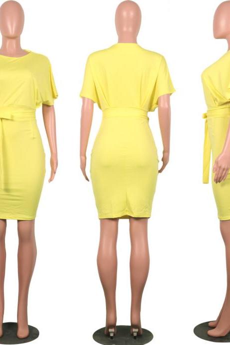 Women Pencil Dress Casual Short Sleeve Belted Bodycon Work Office Business Party Dress