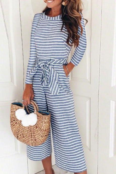  Women Striped Jumpsuit Long Sleeve Casual Loose Belted Wide Leg Pants Rompers Playsuit blue