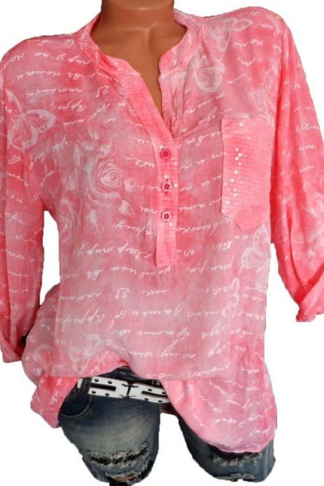 Women Butterfly Printed Blouse V Neck Button Half Sleeve Casual Loose Tops Shirt Pink
