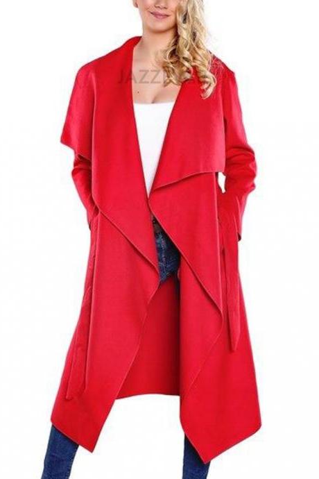 Women Wool Blend Trench Coat Autumn Winter Lapel Casual Long Sleeve Loose Cardigan Jacket Outerwear Red