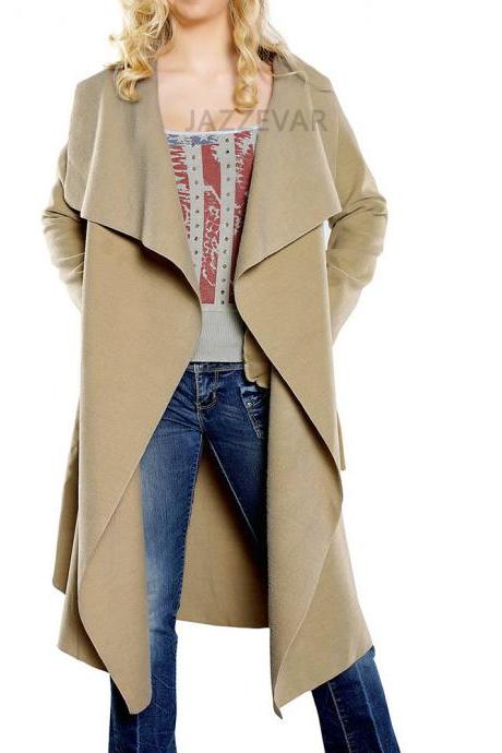 Women Wool Blend Trench Coat Autumn Winter Lapel Casual Long Sleeve Loose Cardigan Jacket Outerwear Camel