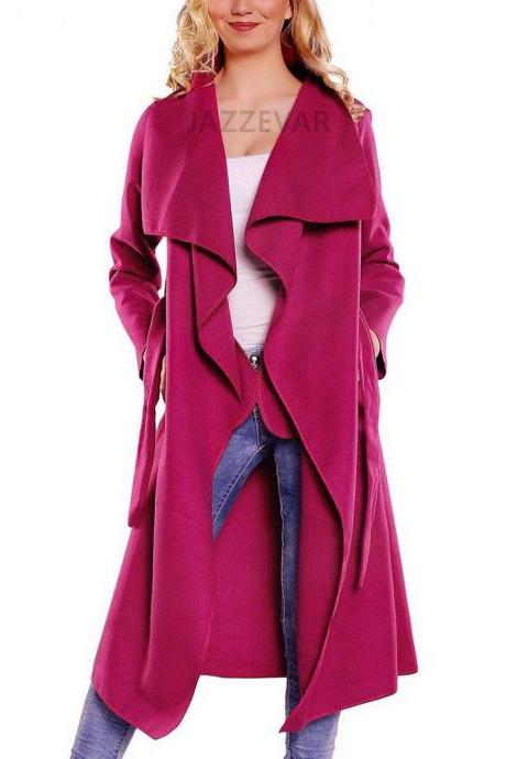Women Wool Blend Trench Coat Autumn Winter Lapel Casual Long Sleeve Loose Cardigan Jacket Outerwear Fuchsia