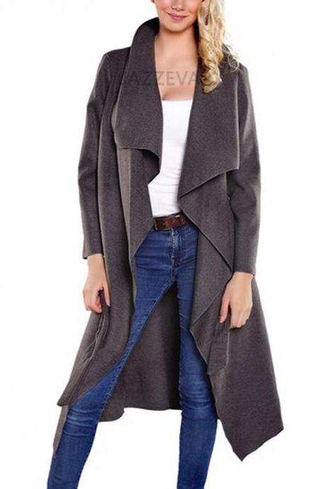 Women Wool Blend Trench Coat Autumn Winter Lapel Casual Long Sleeve Loose Cardigan Jacket Outerwear gray