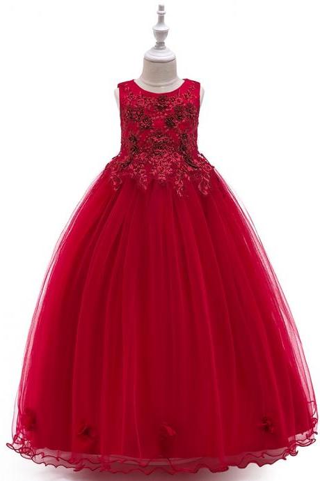 Long Flower Girl Dress Beaded Embroidery Princess Teens Formal Birthday Party Gowns Children Clothes crimson