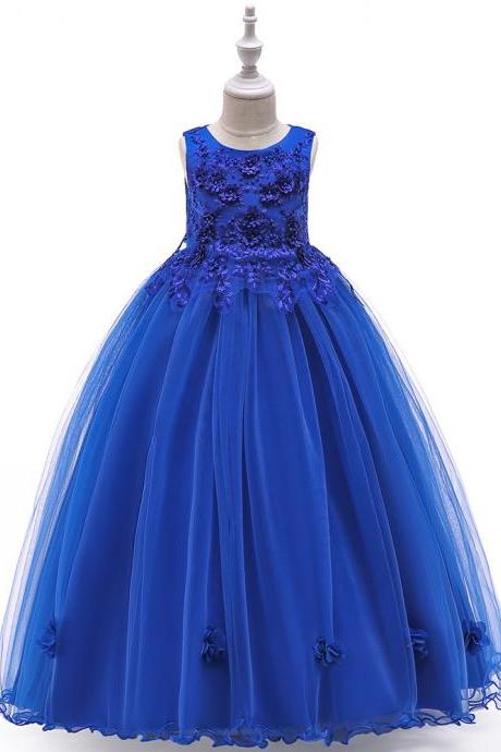 Long Flower Girl Dress Beaded Embroidery Princess Teens Formal Birthday Party Gowns Children Clothes royal blue