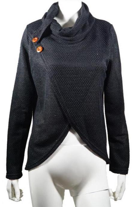 Women Pullover Autumn Turtleneck Long Sleeve Button Casual Loose Asymmetrical Cross Sweater Tops black
