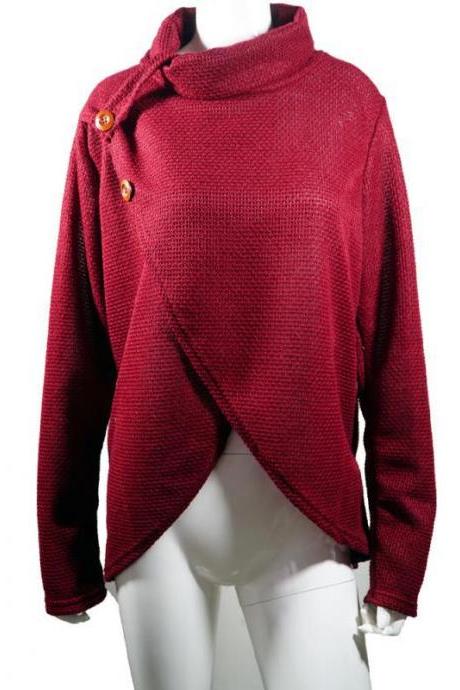 Women Pullover Autumn Turtleneck Long Sleeve Button Casual Loose Asymmetrical Cross Sweater Tops Crimson