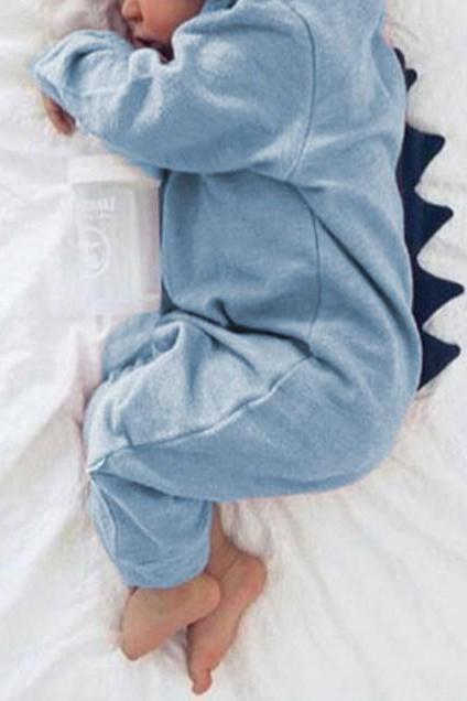 Newborn Infant Baby Boy Girl Dinosaur Hooded Romper Jumpsuit Long Sleeve Autumn Kids Outfits Clothes Light Blue