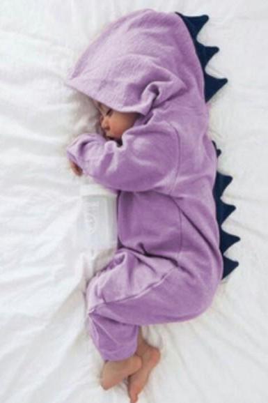 Newborn Infant Baby Boy Girl Dinosaur Hooded Romper Jumpsuit Long Sleeve Autumn Kids Outfits Clothes Lilac