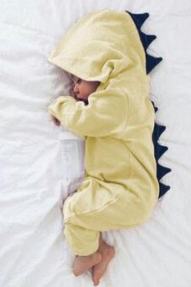 Newborn Infant Baby Boy Girl Dinosaur Hooded Romper Jumpsuit Long Sleeve Autumn Kids Outfits Clothes Yellow