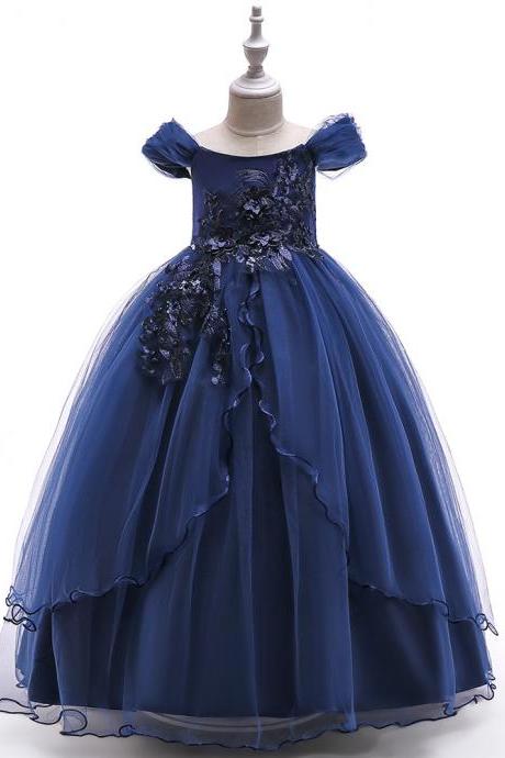 Long Flower Girl Dress Off the Shoulder Teens Formal Party Birthday Tutu Stage Gowns Children Clothes navy blue