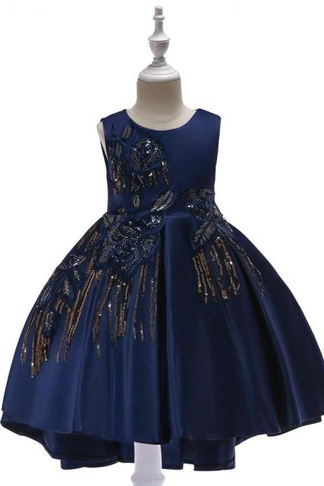 High Low Satin Flower Girl Dress Sequin Trailing Holy Communion Birthday Party Dress Children Clothes navy blue