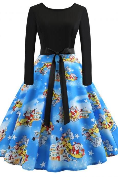 Vintage Floral Printed Dress Autumn Long Sleeve Belted Rockabilly Casual Slim A-Line Formal Party Dress 2#