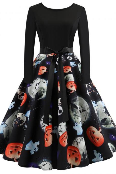 Vintage Floral Printed Dress Autumn Long Sleeve Belted Rockabilly Casual Slim A-Line Formal Party Dress 5#