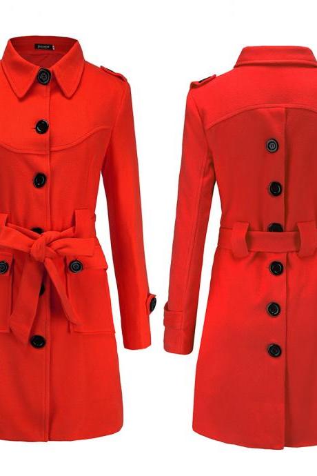 Women Woolen Blend Coat Autumn Winter Single Breasted Back Split Belted Slim Warm Jacket Outerwear red