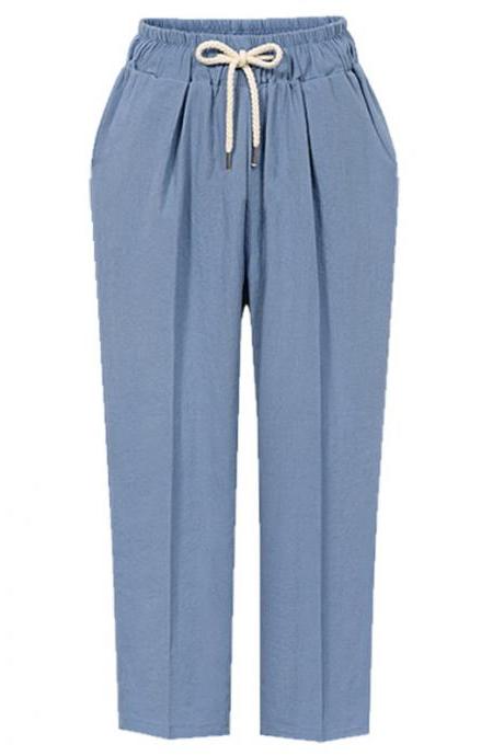 Women Harem Pants Autumn Drawstring High Waist Ankle Length Plus Size Casual Loose Trousers Light Blue