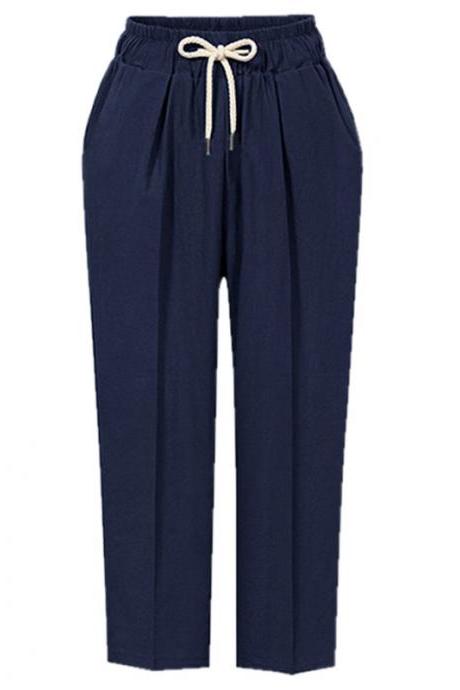 Women Harem Pants Autumn Drawstring High Waist Ankle Length Plus Size Casual Loose Trousers navy blue