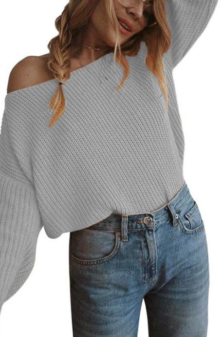 Women Knitted Sweater Autumn Slash Neck Off the Shoulder Long Sleeve Casual Loose Pullover Tops gray