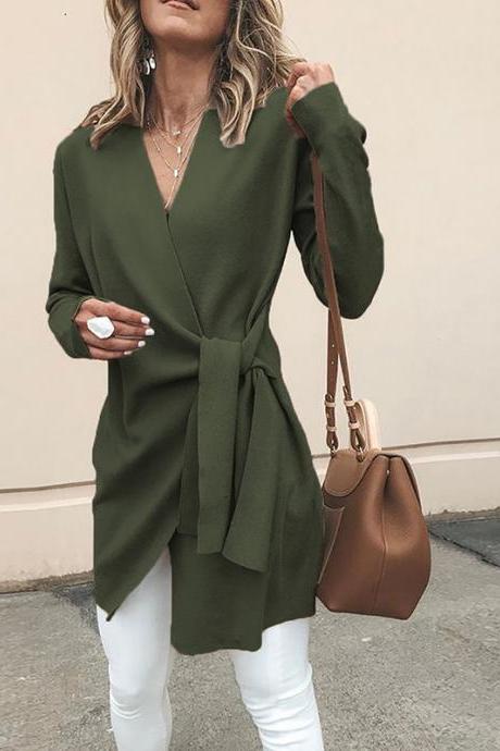 Women Slim Coat Autumn V Neck Casual Lace Up Tie Waist Long Sleeve Jacket Outwear army green