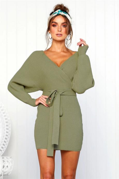 Women Knitted Sweater Dress Autumn V Neck Long Sleeve Belted Casual Slim Mini Club Party Dress Army Green