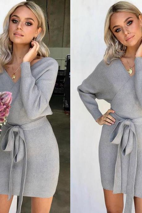 Women Knitted Sweater Dress Autumn V Neck Long Sleeve Belted Casual Slim Mini Club Party Dress Gray