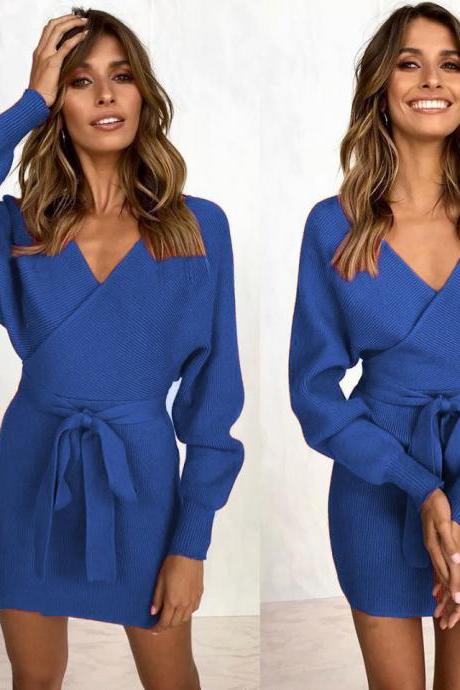 Women Knitted Sweater Dress Autumn V Neck Long Sleeve Belted Casual Slim Mini Club Party Dress royal blue